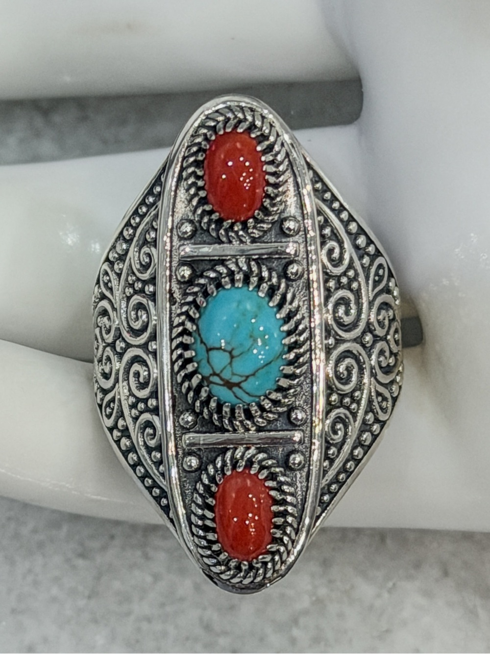 Blue Moon Turquoise and Coral Sterling Silver Black Oxidized BOHO Ring Sz 7